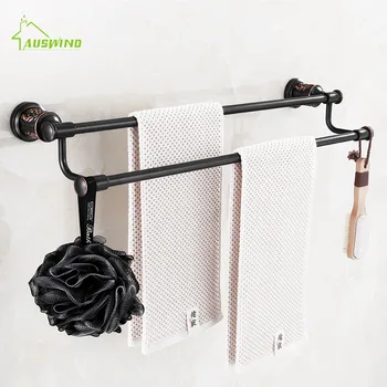 

AUSWIND Modern Solid Brass Black Oil Bronze Round Base Wall Mounted Bathroom Accessories Towel Bar 2 Layers