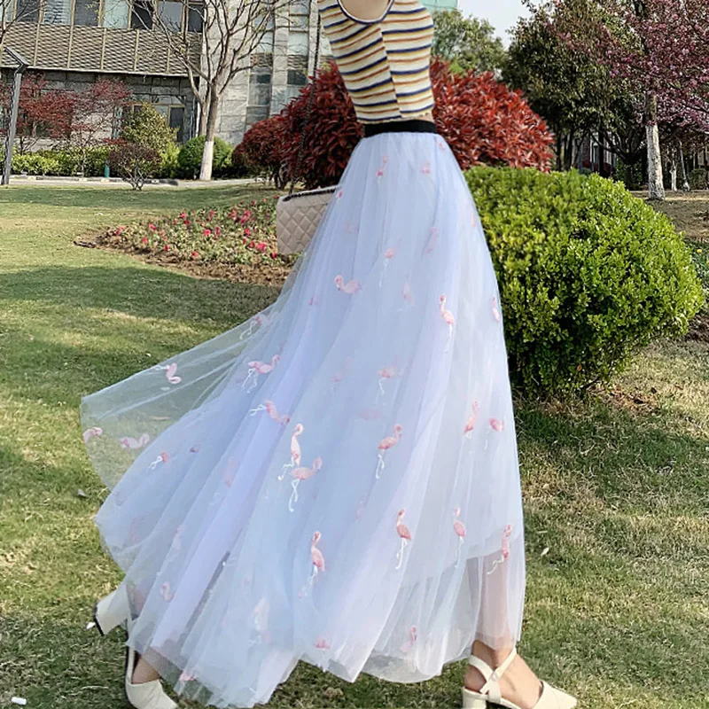

Ins Super hot Fairy Fluffy Tulle Skirt 2019 Summer Embroidery Goose High Waist Skirts Womens Mesh Long Maxi Skirt Falda Mujer