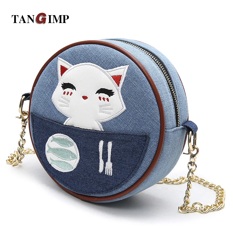 

TANGIMP 2016 Female Mini Cute Cat Fish Messenger Bag Denim Women's Handbag Round Chain Shoulder Crossbody Bags bolsos mujer