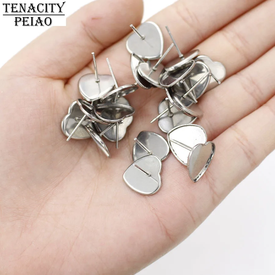 

20pcs 12mm Stainless Steel Heart Stud Earring Base Setting with Earplugs Black Tray Love Cabochons DIY Jewelry Making