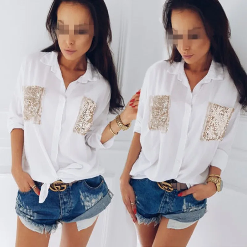 

Women Long Sleeve Solid Tops Long Blouse Ladies Casual two pockets with sequins long shirt top two color four size