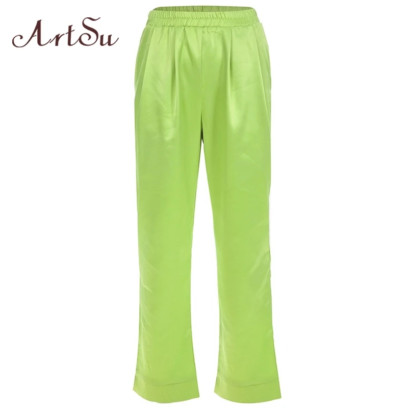

ArtSu Neon Green High Waist Pants Harajuku Casual Straight Ladies Trousers Baggy Satin Casual Pants Women Streetwear ASPA20215