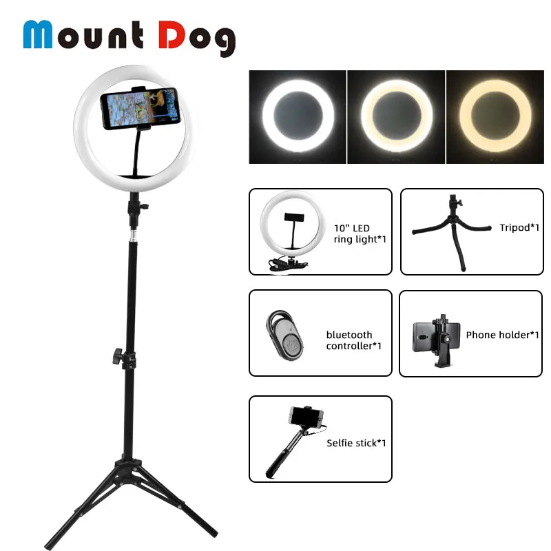

MountDog 6/10/16/18inch Selfie LED Ring Light Video Photo Studio Light 5500K With Phone Holder USB Plug Tripod Bluetooth Control