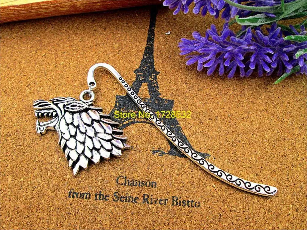 

Antique silver bookmark with Game of throne Stark house sigil wolf charm