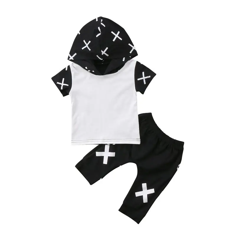 

2pcs Baby Boy Summer Hooded Top+Shorts Clothing Set Babies Cross Printing Outfit Toddler Kids Clothes Set 2019
