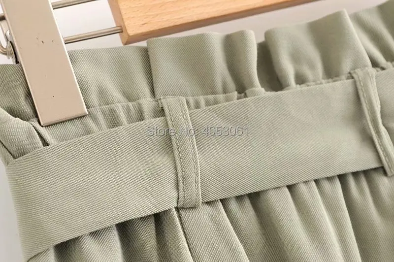 New Women Khaki Paperbag Trousers With Gathered Elastic Waistband- Lady Pleated Pants With Waist Tied Belt& Turn-up Hems