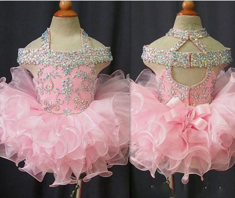 

2017 Toddler Pageant Dresses Pink Organza Cupcake Kids Prom Gowns Crystal Beaded Open Back With Bow Formal Little Girls Birthday