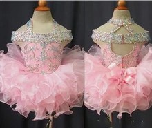 2017 Toddler Pageant Dresses Pink Organza Cupcake Kids Prom Gowns Crystal Beaded Open Back With Bow Formal Little Girls Birthday 2017 new green crystal backless sleeveless bow organza flower girls beads cupcake pageant dresses kids toddler glitz prom infant