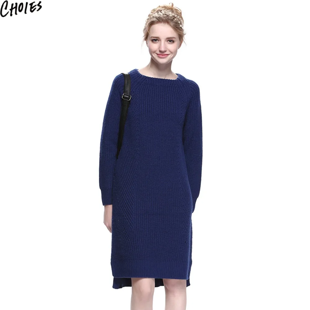 Women Sweater Dress 5 Colors Long Sleeve Dip Back Side Split Chunky Knitted Midi Shift Dress