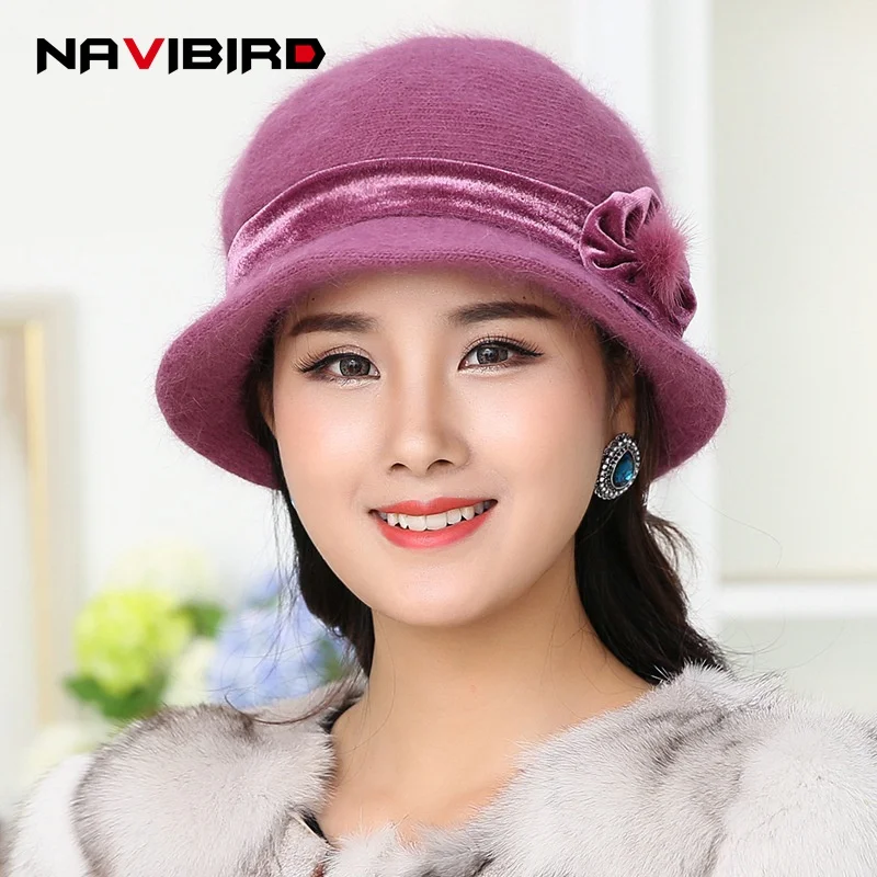 

New Winter Wool Mix Rabbit Fur Knitted Beanie Women Floral Skullie Hat Soft Warm Slouchy Cc Beanies Baggy Cap Bonnet Femme Hiver