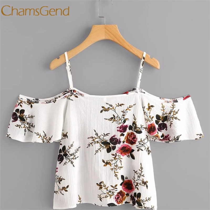 

CHAMSGEND2018 Summer Women V-Neck Blouse Printed Short Sleeve Flowers Blouse Women Female Chiffon Shirts Top l0416