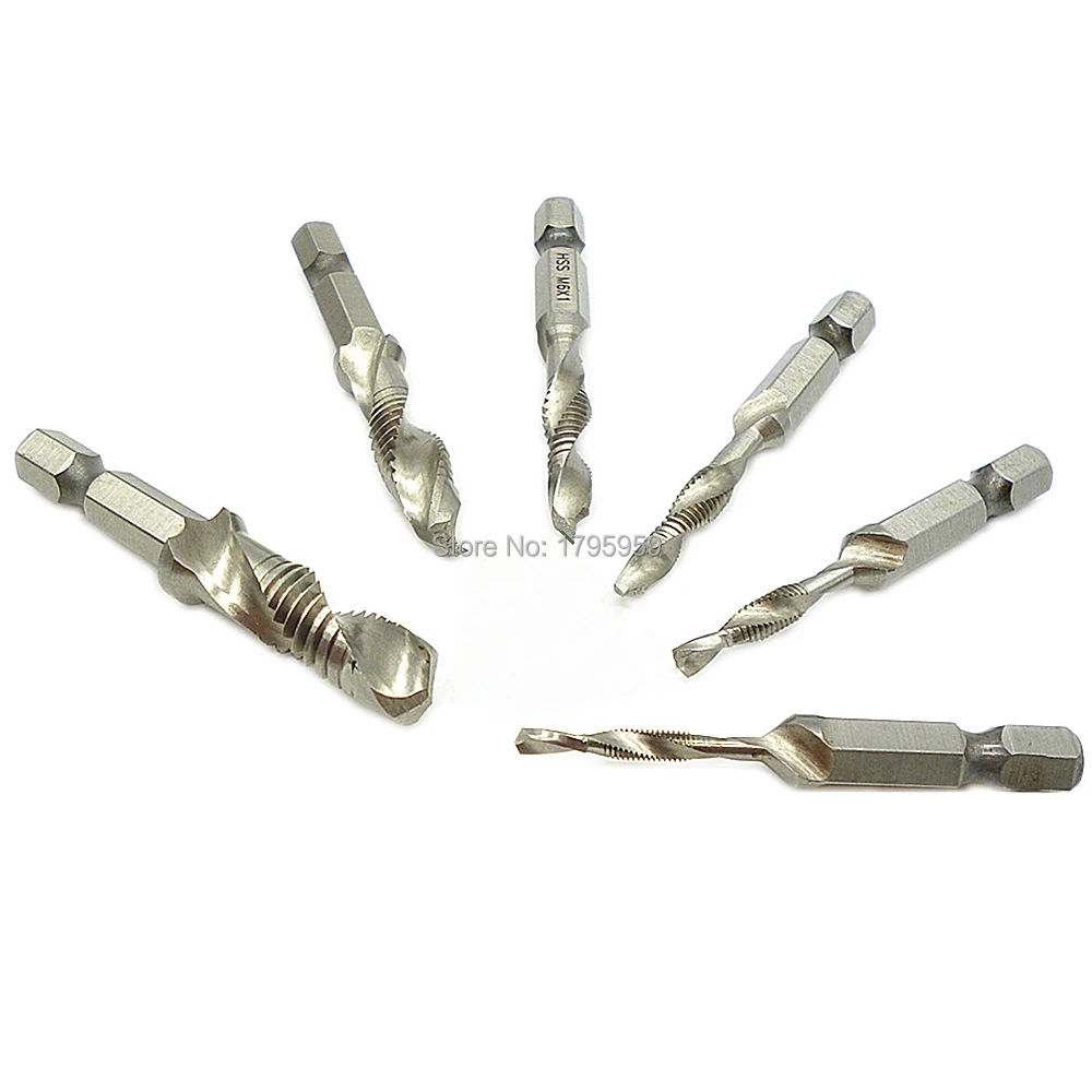 6pcs HSS Spiral Tap Machine Metric Drill/Tap/Deburr Bit Set 1/4" Hex