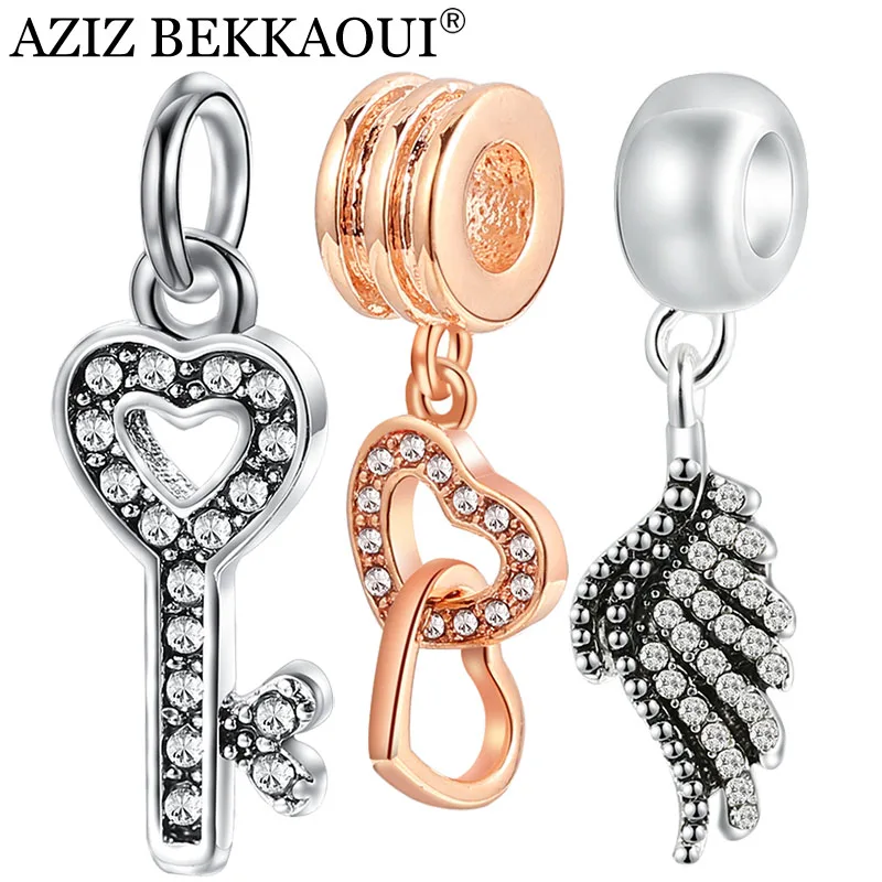 

AZIZ BEKKAOUI Crystal Heart Key Charms Fit Original Bracelets European Wing Heart to Heart Pendant Beads for DIY Jewelry Making