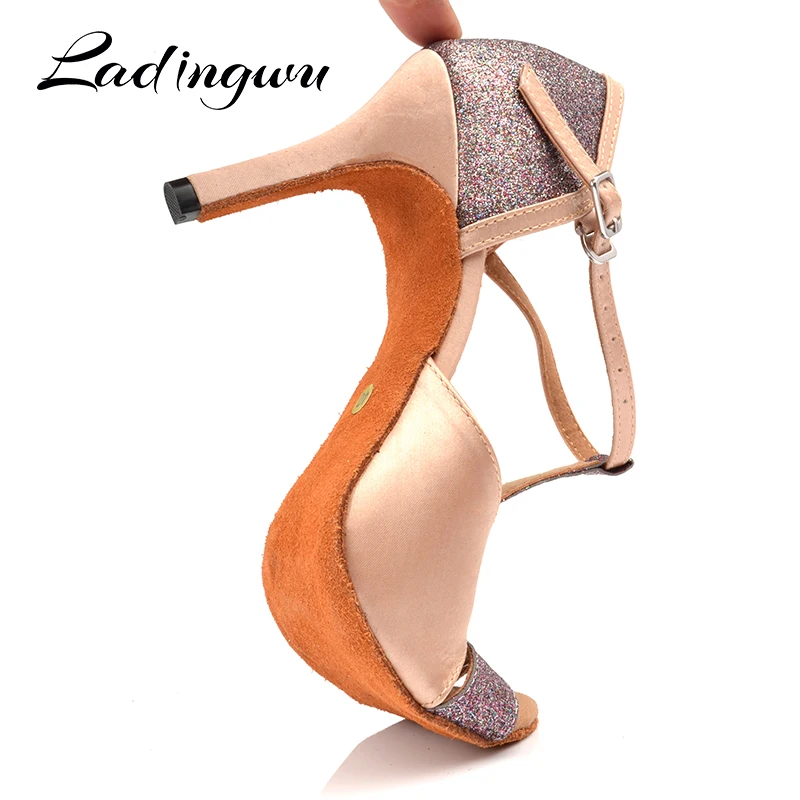 Ladingwu New Ballroom Professional Latin Dance Shoes for Women Girls Ladies Salsa Heels Indoor Dancing Satin/Glitter Apricot