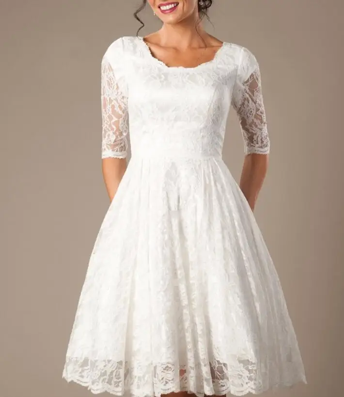 Vestido de Noiva Ivory Vintage Lace Short Modest Wedding Dresses With