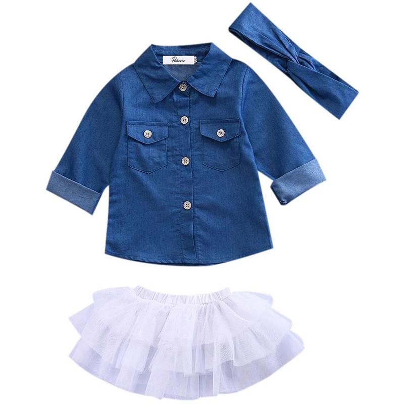 

3Pcs Children Clothes Sets Autumn Blue Denim Shirt Top+White Mesh Skirt+Headband For Baby Girls Costume/roupas infantis menina
