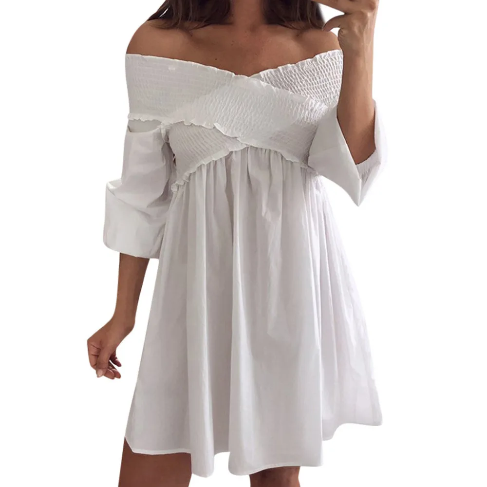 

2019 Spring Summer Fashion Women's Sexy Solid Off Shoulder Ruffled V-Neck Cross Loose Mini Party Dress Beach Holiday Slip Dress