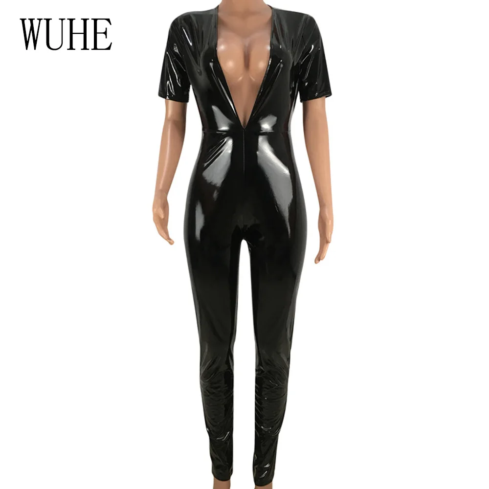 WUHE Sexy PU Leather Bodycon Bandage Jumpsuit Women Deep V Neck Autumn Winter Rompers Overalls Elegant Party Bodysuits Playsuits