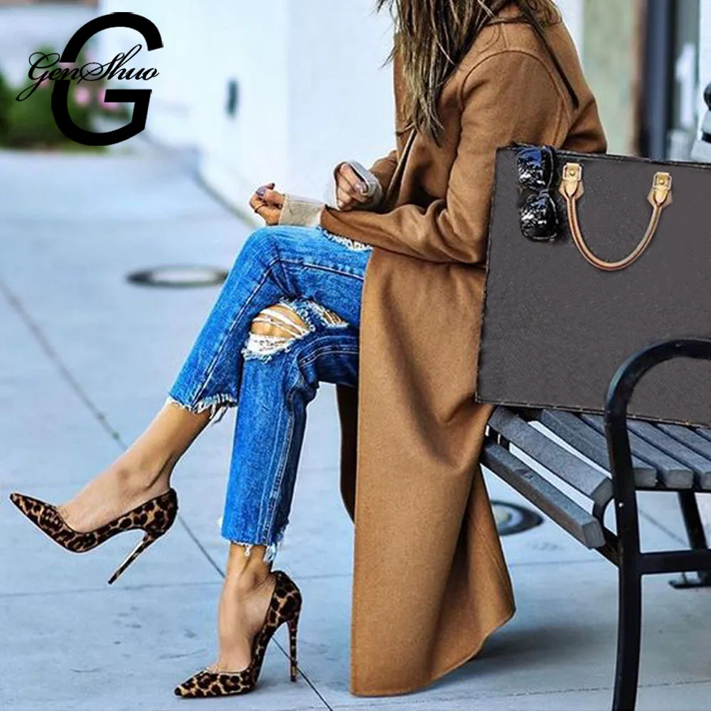 GENSHUO High Heels Shoes Women Pumps Flock Leopard Print Sexy Stilettos 10 12cm Party Heeled Designer Shoes Plus Big Size 11 12 GENSHUO High Heels Shoes Women Pumps Flock Leopard Print Sexy Stilettos 10 12cm Party Heeled Designer Shoes Plus Big Size 11 12