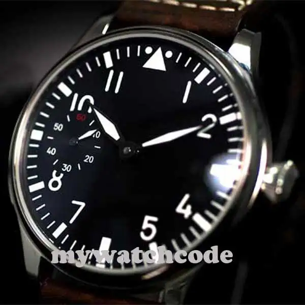 Tanie Darmowa wysyłka 44mm klasyczna czarna tarcza parnis luminous makrs azja 6497 ruch mechaniczne zegarki ręczne nakręcanie mężczyzna zegarka PA01
