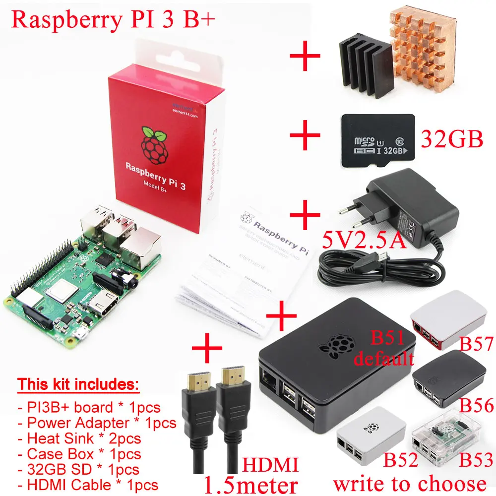 32 Гб sd-карта+ Raspberry Pi 3 Model B+ плюс плата+ теплоотвод+ адаптер питания Блок питания переменного тока - Комплект: Комплект 3