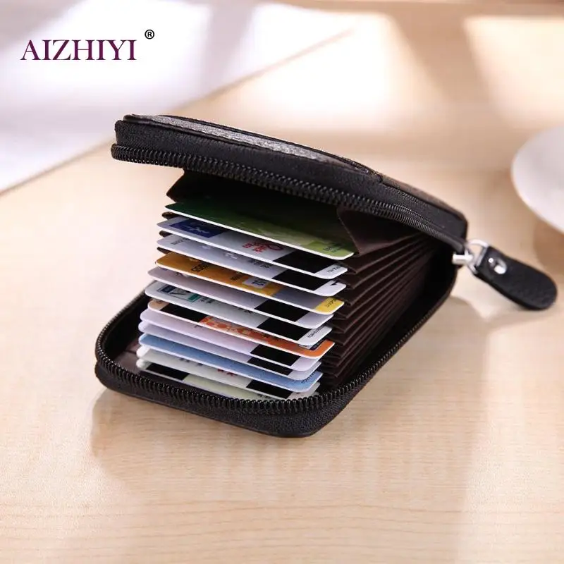 

Women/Men 12slots Zipper Leather Card Holder Wallets Credit ID Photo Holders Mini Multi Pockets Pouch Square Purse Case 2018 New