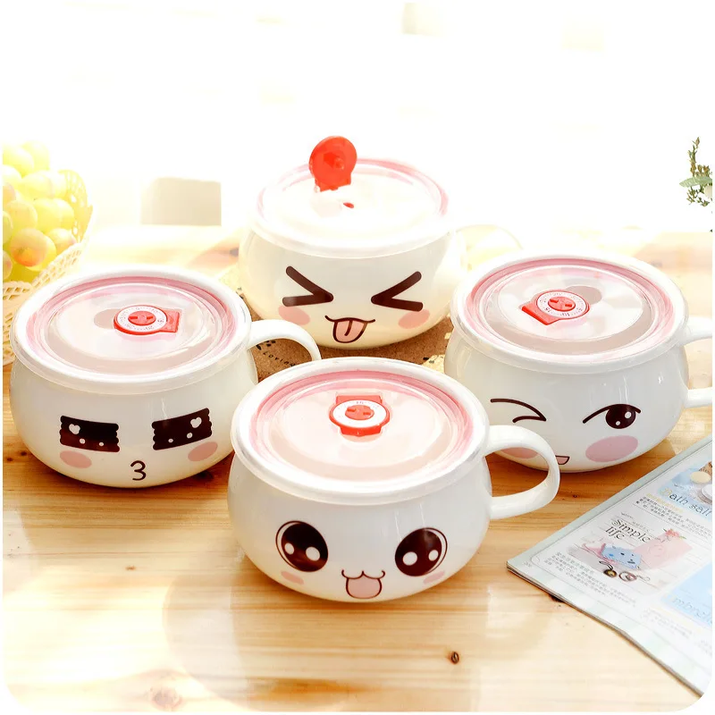 

Lovely Cartoon Bowls Porcelain Ramen Bowl Ceramic Soup Salad Bowls Food Container Tableware Ceramic Bowls With Lid