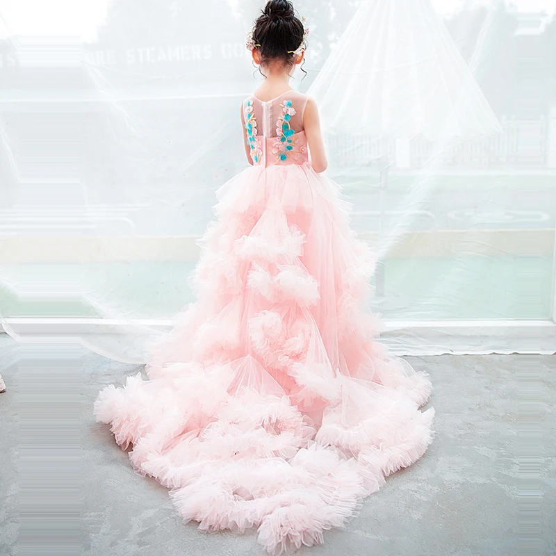 

Trails Pink Princess Dress Communion Pageant Ball Gowns Embroidery Kids Evening Dresses Long Dress Gown Cloud Flower Girl Dress