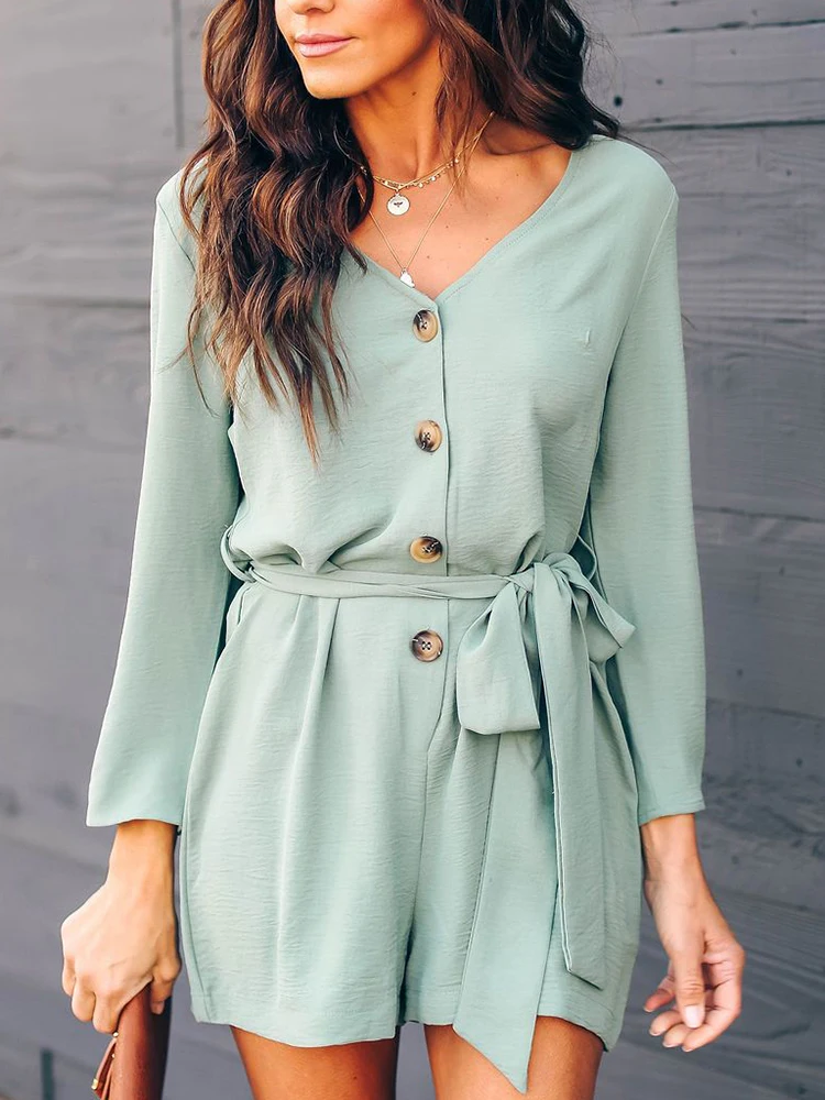 

Casual Sashes Button Rompers Womens Jumpsuit 2019 Solid V-neck Long Sleeve Shorts Summer Playsuits Slim Ladies Overalls