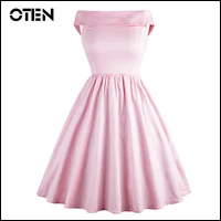 OTEN-Women-Summer-Off-shoulder-Slash-Neck-Solid-Color-Knee-Length-casual-party-Rockabilly-vintage-50s