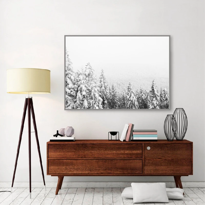 Зимний лес печать Рождественская стена искусство снег покрыты сосны плакат Холст Картина Настенная картина для гостиной домашний декор