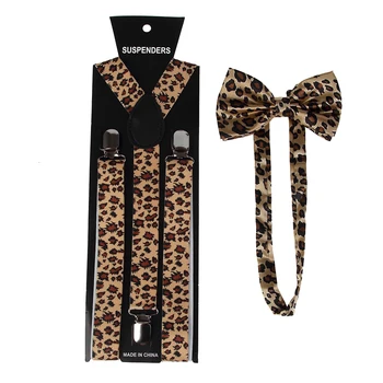 

Winfox Leopard Print Braces Women Men Suspender Bowtie Bow Tie Set