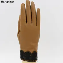 Harppihop кожаные перчатки женские плюс бархат толстые корейские Кружева Вышивка Овчина кожа теплые и холодные вождения