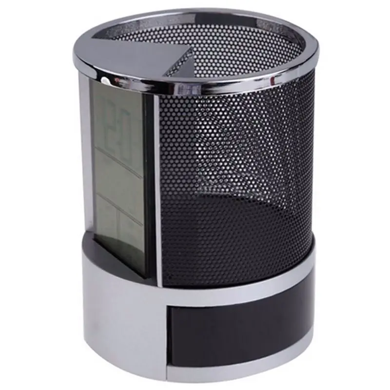 

Mesh Pen Pencil Holder With Digital Lcd Office Desk Clock With Time Temp Calendar Function Black