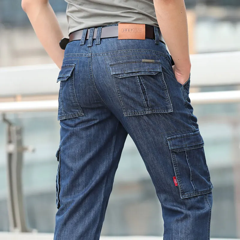 Summer JEEP Brand Cotton Cargo Jeans Elastic Men's Casual Full Length Retro Jeans Multi Pockets Cotton Pants Fashion Trousers 44 (20)