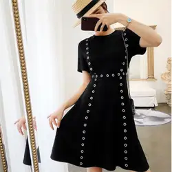 Элегантные повседневные платья летние Для женщин 2018 черный заклепки короткий рукав o-образным вырезом платье офис леди платье длиной до