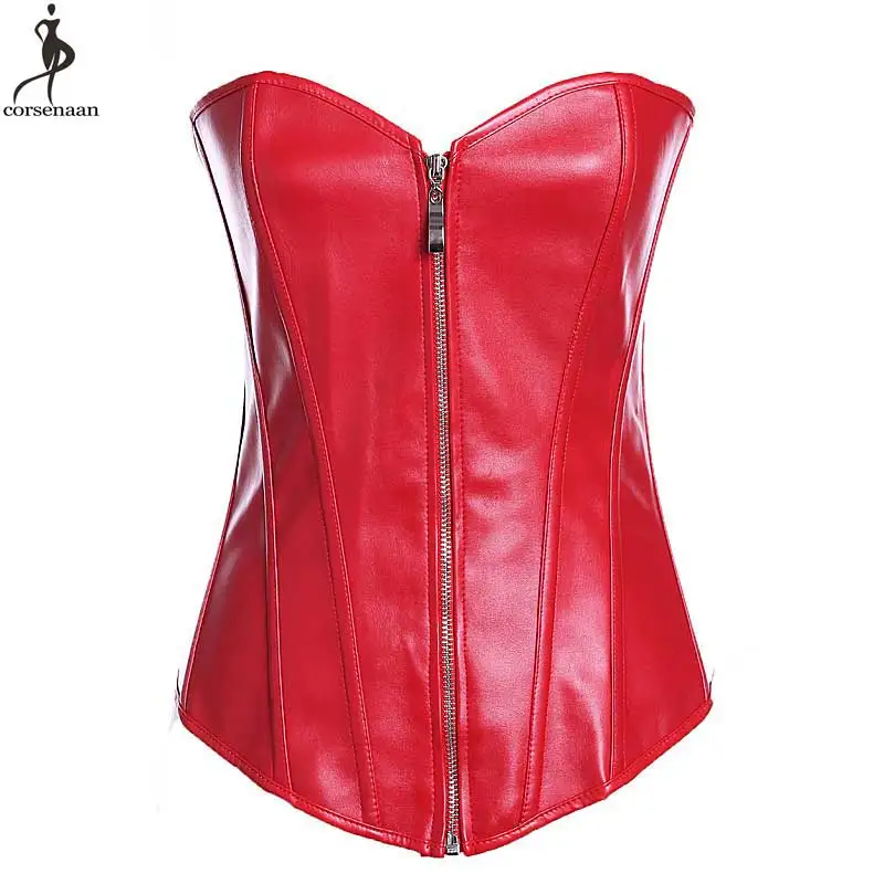 

PU Leather Overbust Corset Zip Up Zipper Bustier Top Showgirl Night Clubwear Sexy Gothic Steampunk Gorset Plus Size Waist Shaper