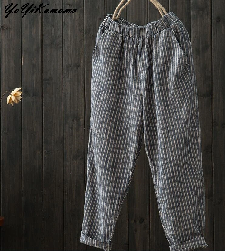 

YoYiKamomo Women Striped 2018 Spring Cotton Linen Pants Elastic Waist Harem Pants Vintage Loose Trousers
