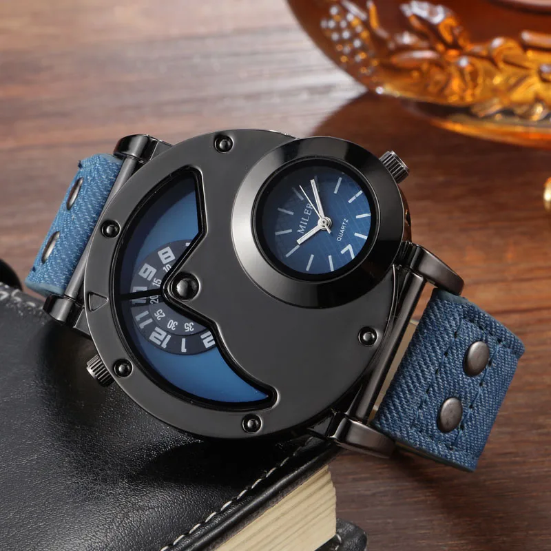  MILER Creative Unique Military Men Watch Multiple Time Zone Leather Strap Sports Quartz-Watch Mens 