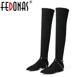 FEDONAS/1 Модные женские ботфорты, осенне-зимняя теплая обувь на квадратном каблуке, женские Офисные высокие сапоги с острым носком и
