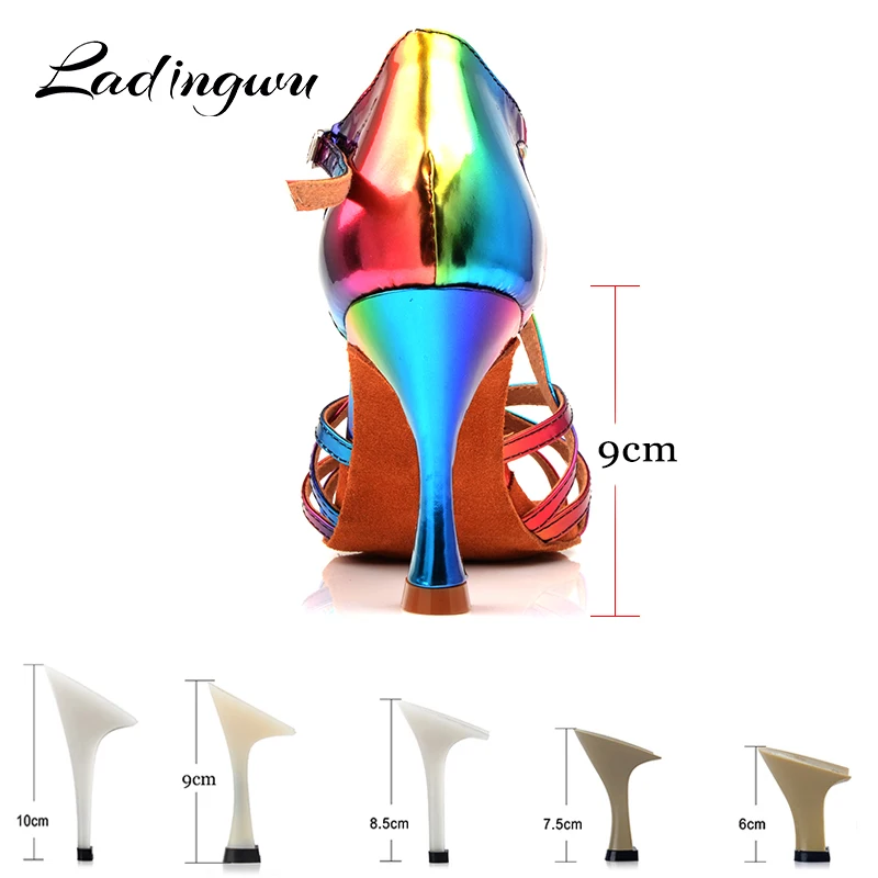 Ladingwu Fashion Latin Dance Shoes Rainbow Color PU Women Salsa Shoes Dance Sandals Unique Design Latex soft bottom Size 33-44