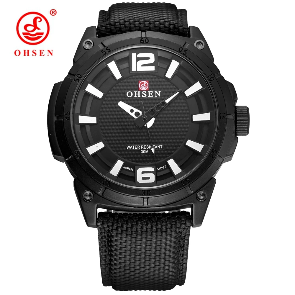 

NEW Saat OHSEN Fashion Casual Brand Male Black Quartz Watch Men Man Wristwatch 30m Swim Sports Watch Canvas Leather Band Relogio