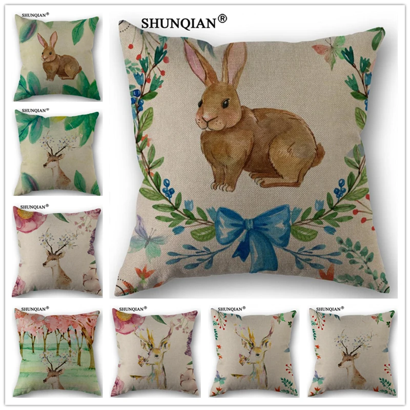 Linen Cotton Deer and rabbit Pillow Cover Custom Print Home Decorative Throw Pillows Cases 45x45cm one side C4117 | Дом и сад