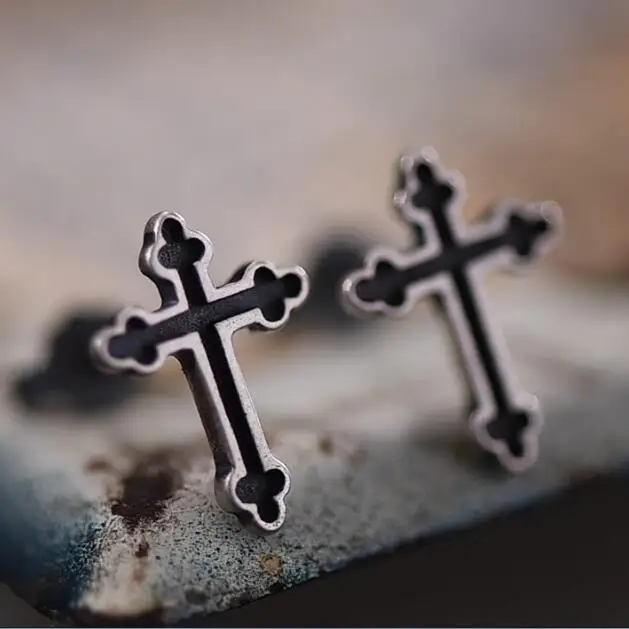 

Classic Personality Black Colour 100% Real 925 Sterling Silver Cross Stud Earrings For Women And Men Gothic Punk Jewelry