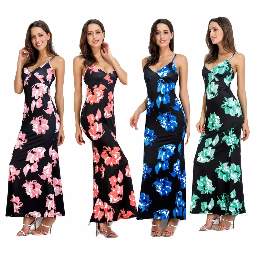 Fashion Women Flower Printed Dress 2018 Sexy Backless Maxi Dress Summer