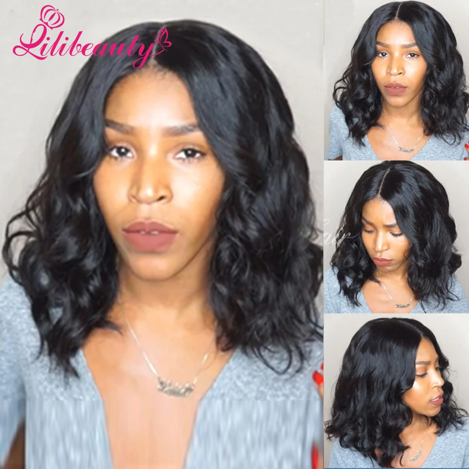 Middle part full lace human hair wigs short bob wavy lace