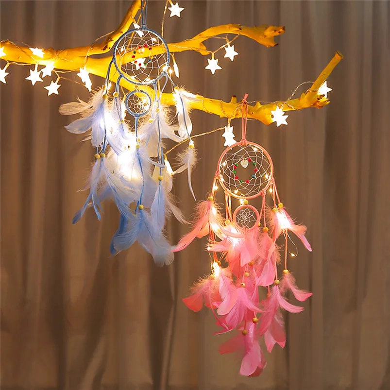 Dream Catcher Handmade Dreamcatcher Feathers Night Light Girl Room Bell Bedroom Romantic Hanging Decoration Home Decor 35JY2409