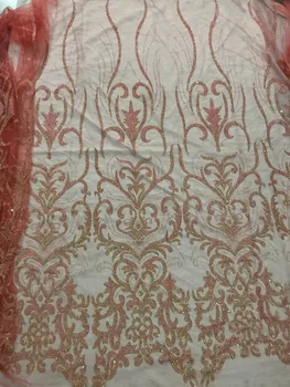 

New style French net lace fabric with glued yaking-52804 beaded glitter African tulle mesh lace fabric