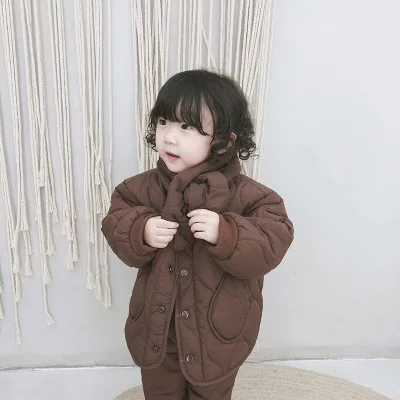 

New Baby Girls Boys Winter Fleece Parkas Korean Style Kids Warm Outerwear Green Brown Single Breasted Coat for Children 3-7Years
