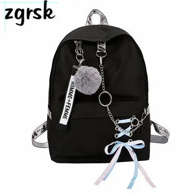 black Цепь USB рюкзак Для женщин Холст 5 шт./компл. Для женщин рюкзак для девочек-подростков рюкзаки сумки через плечо женские школьные сумки с кисточками - Цвет: black